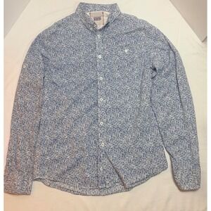 Vintage Red Mens Button Down Shirt Blue Floral Print Long Sleeve Size M